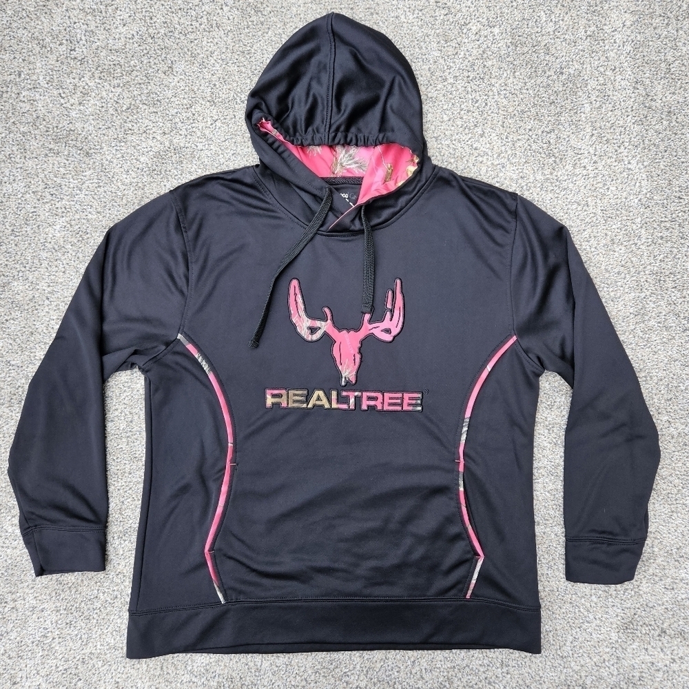 Realtree Black Pink Camo Hoodie Buck Logo Sweatshirt Hunting Womens Size Large